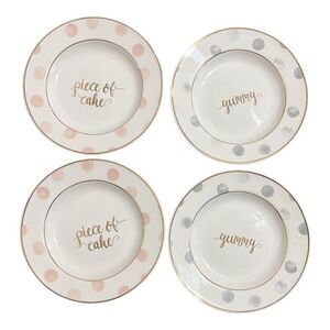 Small polka dot “piece of cake” and “ yummy” dessert plates